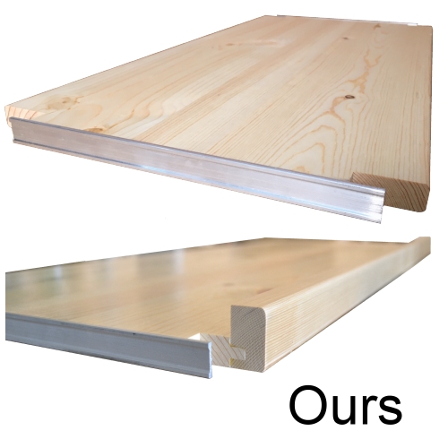 Side view of a solid wood Lundia closet organizer shelf showing real lumber grain